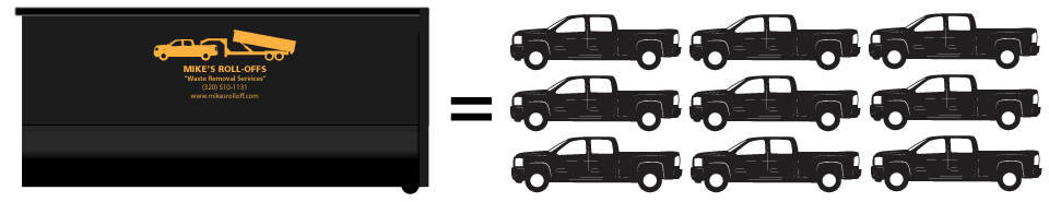Illustration of 20 yard rolloff dumpster and 9 standard pickup trucks